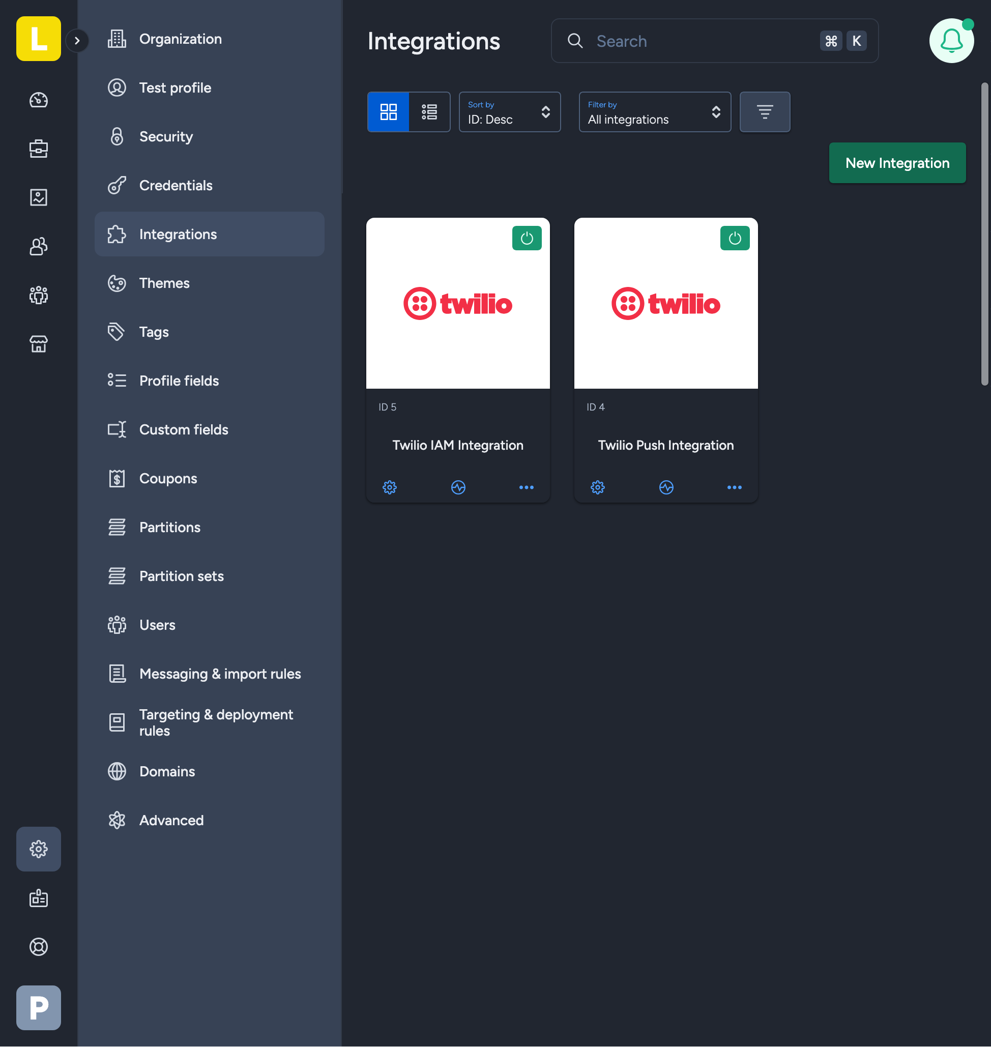 Taguchi Integrations page showing push and iam